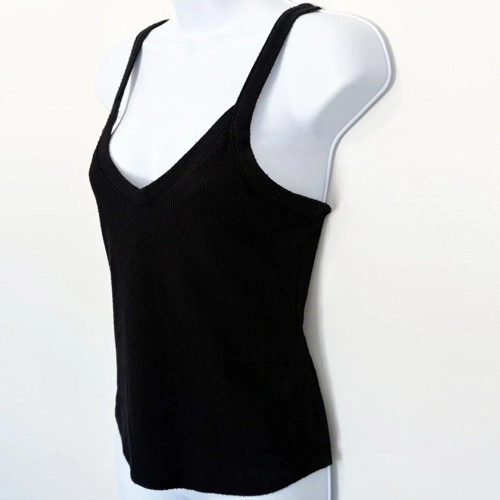FREE PEOPLE Intimately Black Ribbed V-Neck Tank Top Strappy Back Size M - Picture 2 of 8